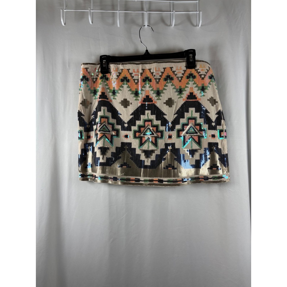 Express Womens Tan Sequin Geometric Tribal Mini Skirt Size L Festival Glam